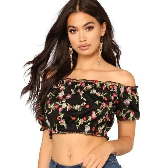 Forever 21 Floral Embroidered Black Mesh Ruffle Trim Off-The-Shoulder Crop Top - Picture 3 of 4